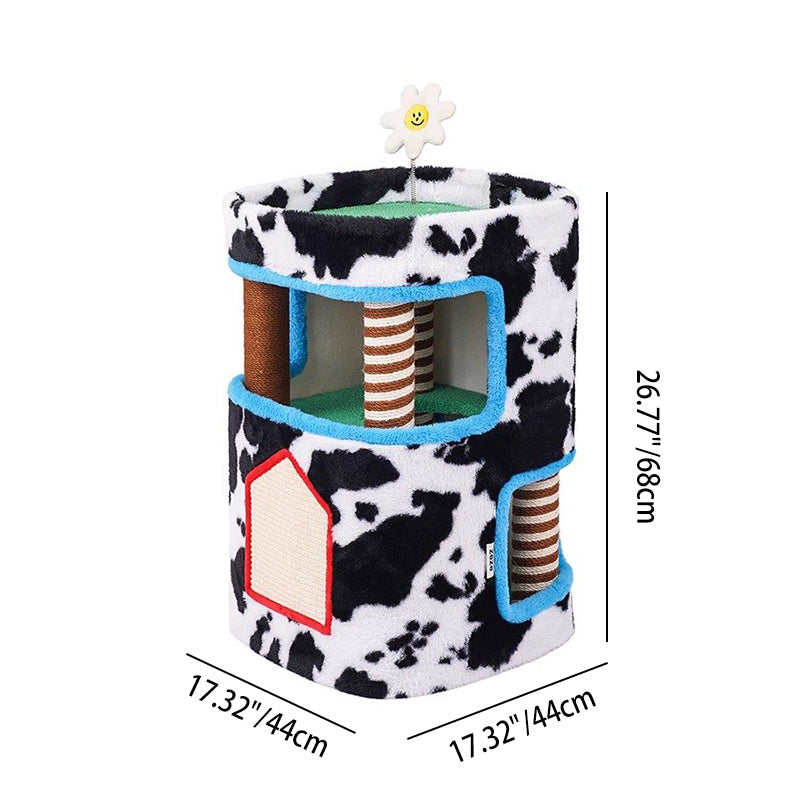 Contemporary Creative Rectangular Medium-Density Fiberboard Velvet Fabric Hemp Rope Paper Tube Cat Tree 3-Tier For Living Room Cuvalon