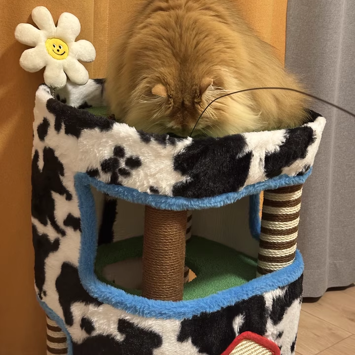Contemporary Creative Rectangular Medium-Density Fiberboard Velvet Fabric Hemp Rope Paper Tube Cat Tree 3-Tier For Living Room Cuvalon