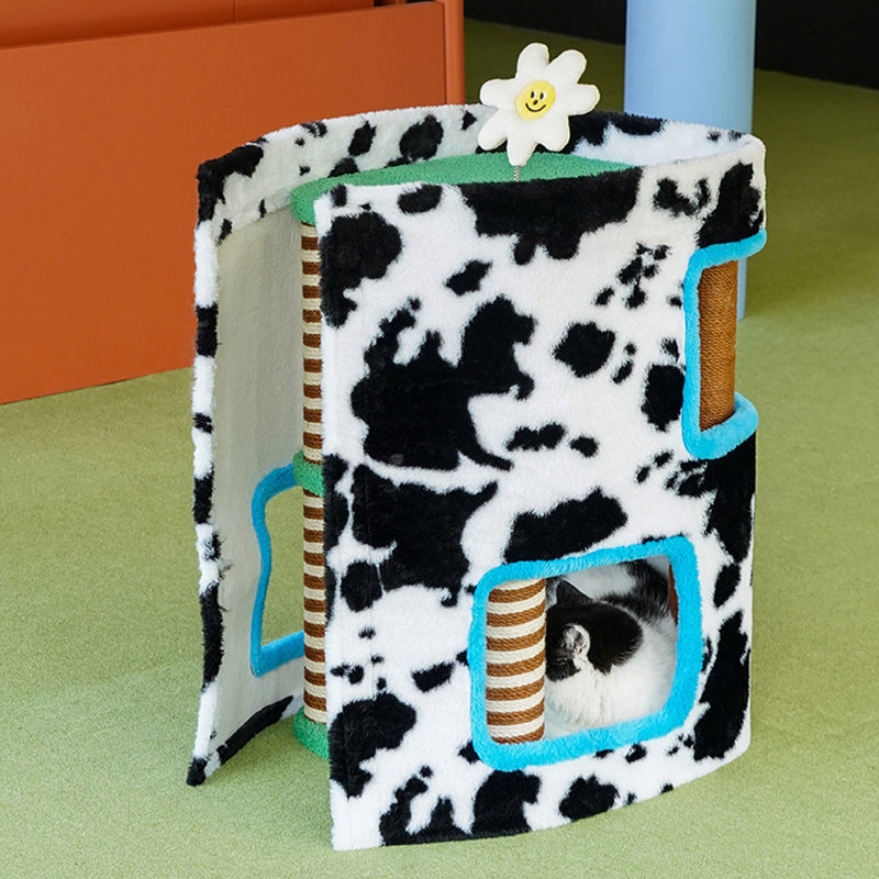 Contemporary Creative Rectangular Medium-Density Fiberboard Velvet Fabric Hemp Rope Paper Tube Cat Tree 3-Tier For Living Room Cuvalon