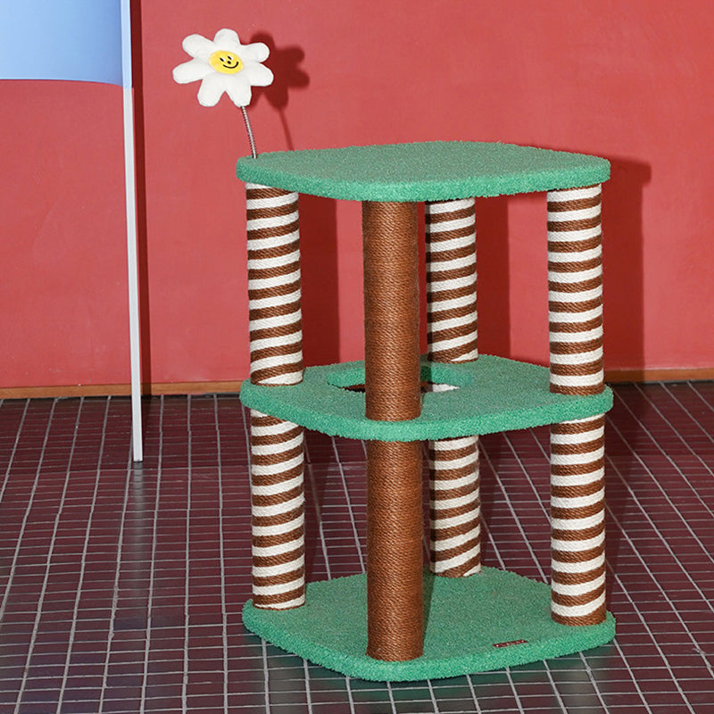 Contemporary Creative Rectangular Medium-Density Fiberboard Velvet Fabric Hemp Rope Paper Tube Cat Tree 3-Tier For Living Room Cuvalon
