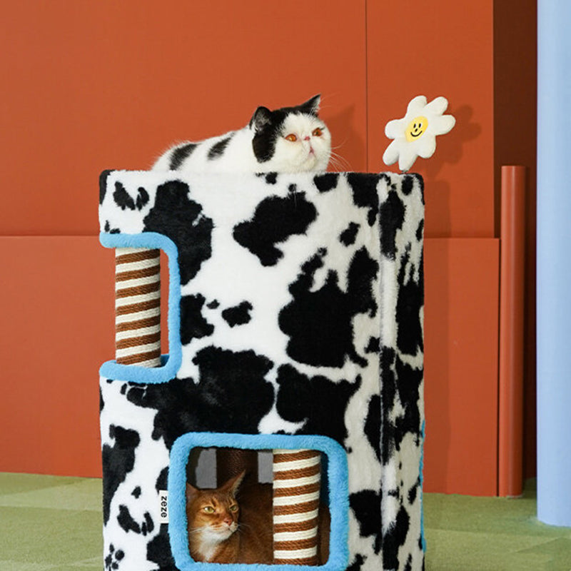 Contemporary Creative Rectangular Medium-Density Fiberboard Velvet Fabric Hemp Rope Paper Tube Cat Tree 3-Tier For Living Room Cuvalon