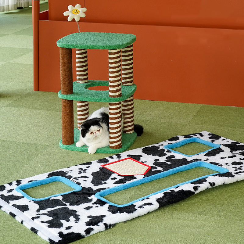 Contemporary Creative Rectangular Medium-Density Fiberboard Velvet Fabric Hemp Rope Paper Tube Cat Tree 3-Tier For Living Room Cuvalon