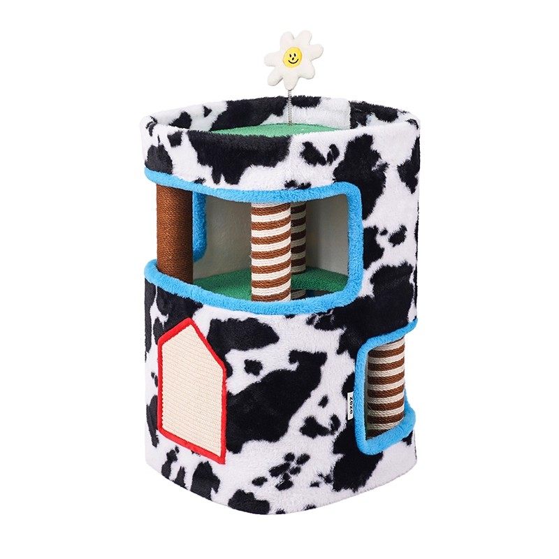 Contemporary Creative Rectangular Medium-Density Fiberboard Velvet Fabric Hemp Rope Paper Tube Cat Tree 3-Tier For Living Room Cuvalon