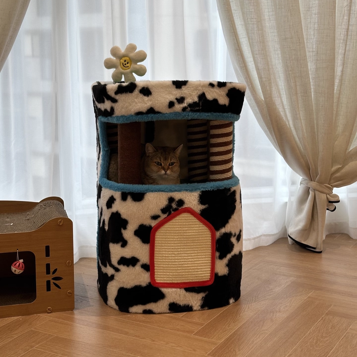 Contemporary Creative Rectangular Medium-Density Fiberboard Velvet Fabric Hemp Rope Paper Tube Cat Tree 3-Tier For Living Room Cuvalon