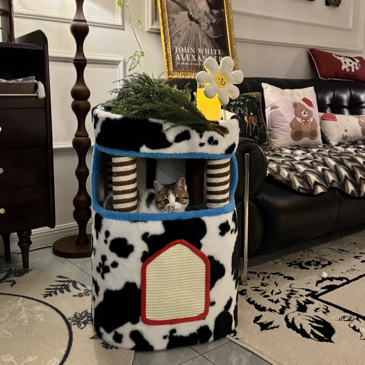 Contemporary Creative Rectangular Medium-Density Fiberboard Velvet Fabric Hemp Rope Paper Tube Cat Tree 3-Tier For Living Room Cuvalon