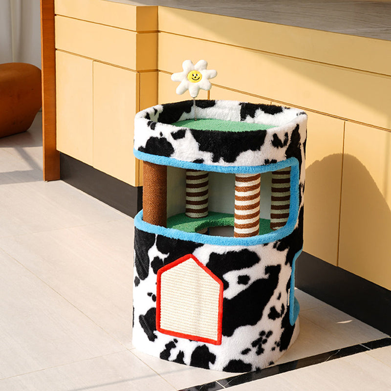 Contemporary Creative Rectangular Medium-Density Fiberboard Velvet Fabric Hemp Rope Paper Tube Cat Tree 3-Tier For Living Room Cuvalon