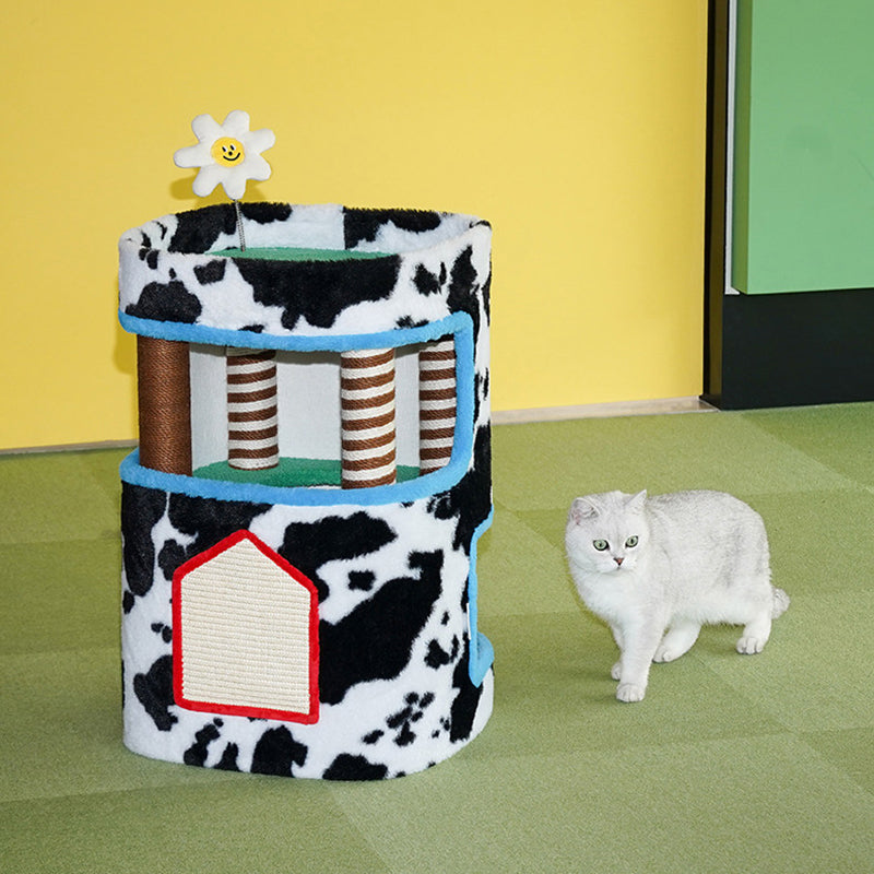 Contemporary Creative Rectangular Medium-Density Fiberboard Velvet Fabric Hemp Rope Paper Tube Cat Tree 3-Tier For Living Room Cuvalon