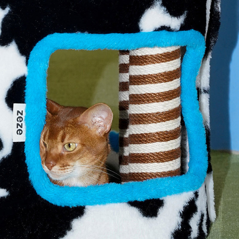Contemporary Creative Rectangular Medium-Density Fiberboard Velvet Fabric Hemp Rope Paper Tube Cat Tree 3-Tier For Living Room Cuvalon