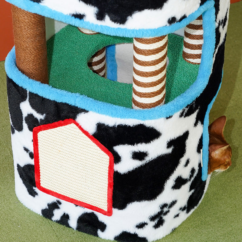Contemporary Creative Rectangular Medium-Density Fiberboard Velvet Fabric Hemp Rope Paper Tube Cat Tree 3-Tier For Living Room Cuvalon