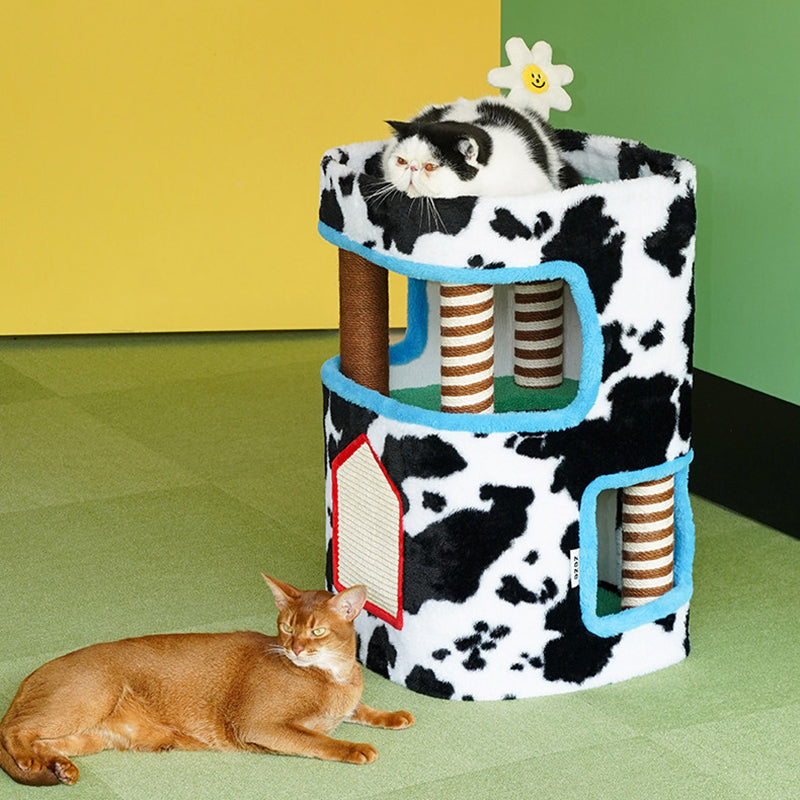 Contemporary Creative Rectangular Medium-Density Fiberboard Velvet Fabric Hemp Rope Paper Tube Cat Tree 3-Tier For Living Room Cuvalon