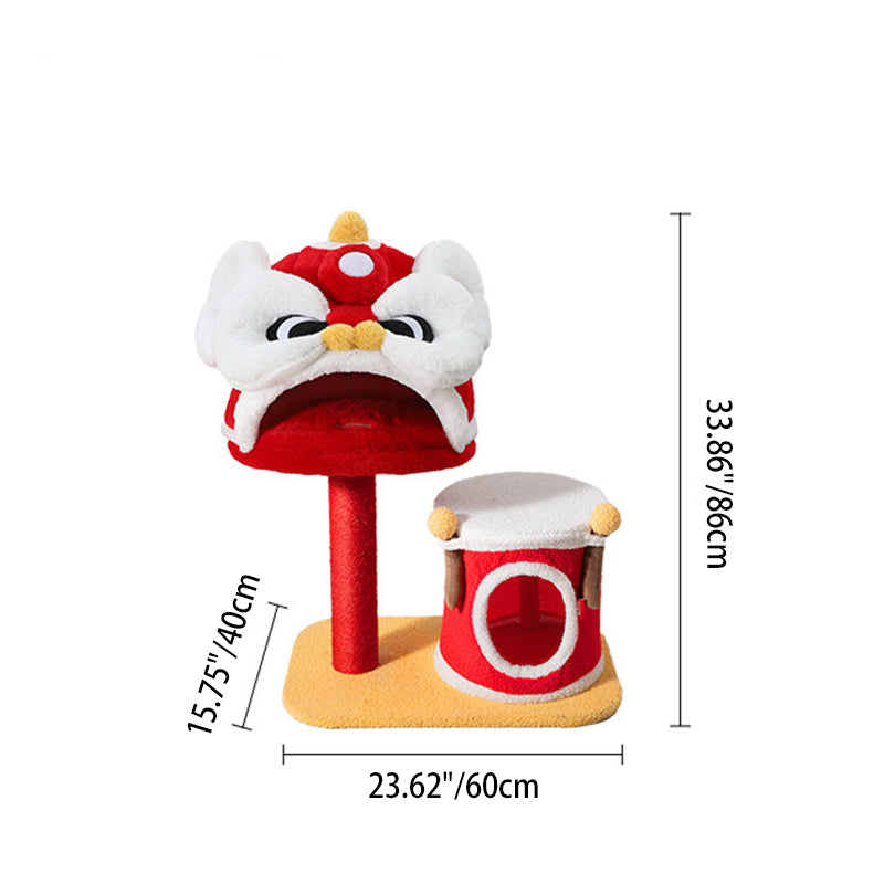 Contemporary Creative Rectangular Particleboard Velvet Fabric Sisal Chinese Lion-Shaped Cat Tree For Living Room Cuvalon