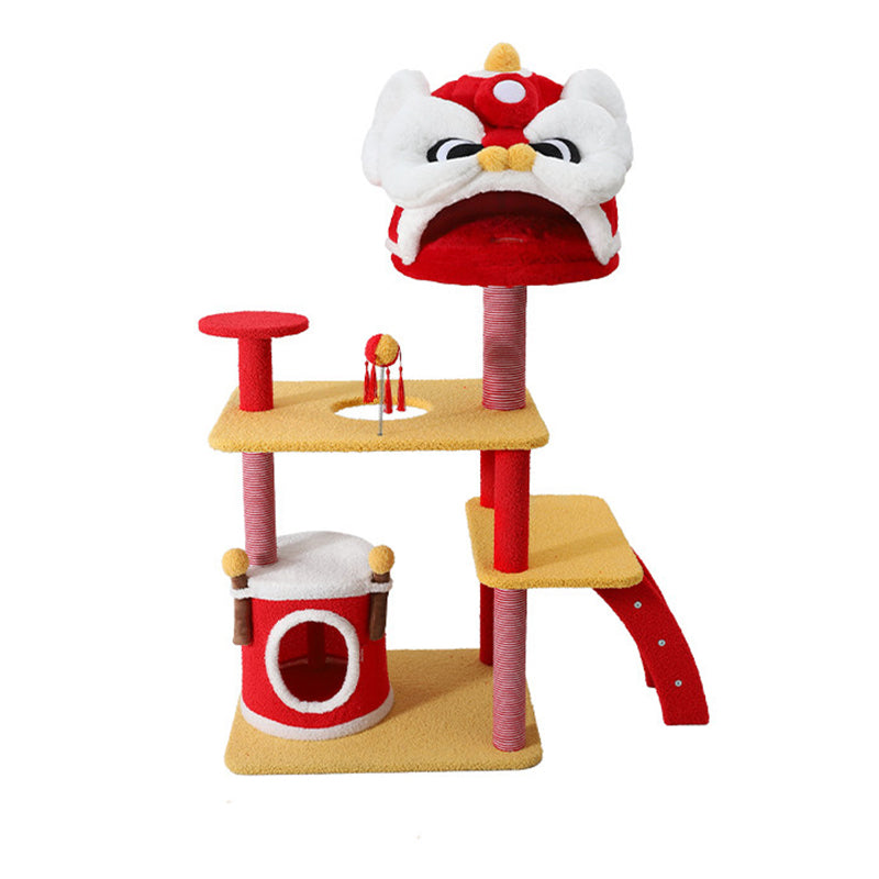 Contemporary Creative Rectangular Particleboard Velvet Fabric Sisal Chinese Lion-Shaped Cat Tree For Living Room Cuvalon