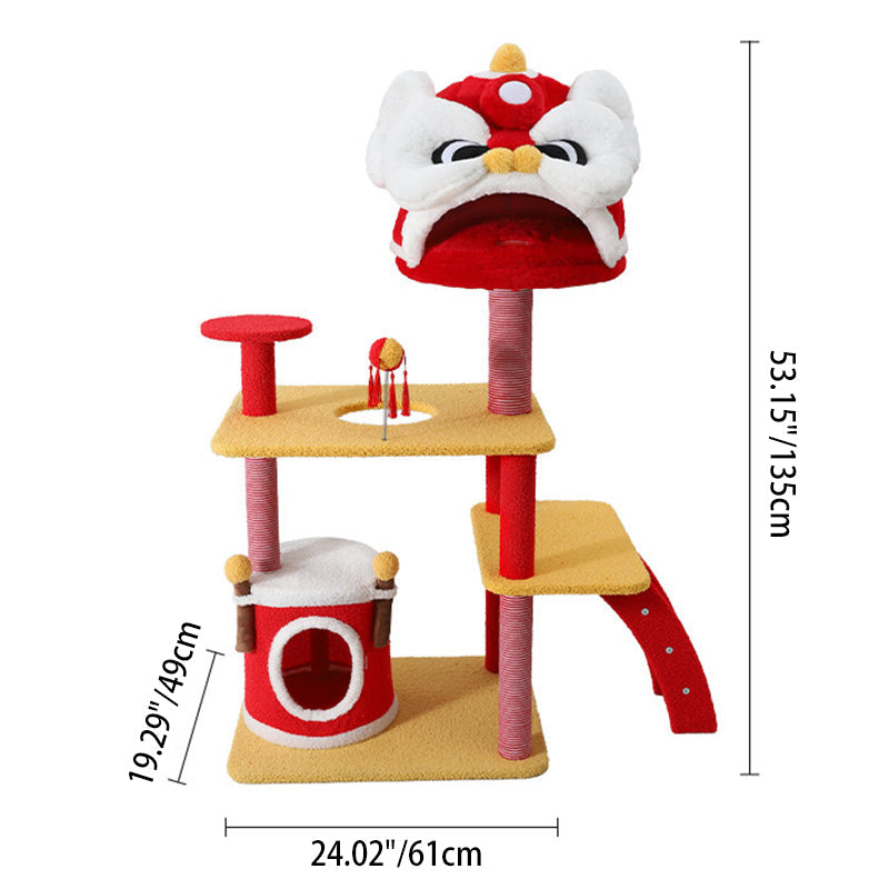 Contemporary Creative Rectangular Particleboard Velvet Fabric Sisal Chinese Lion-Shaped Cat Tree For Living Room Cuvalon