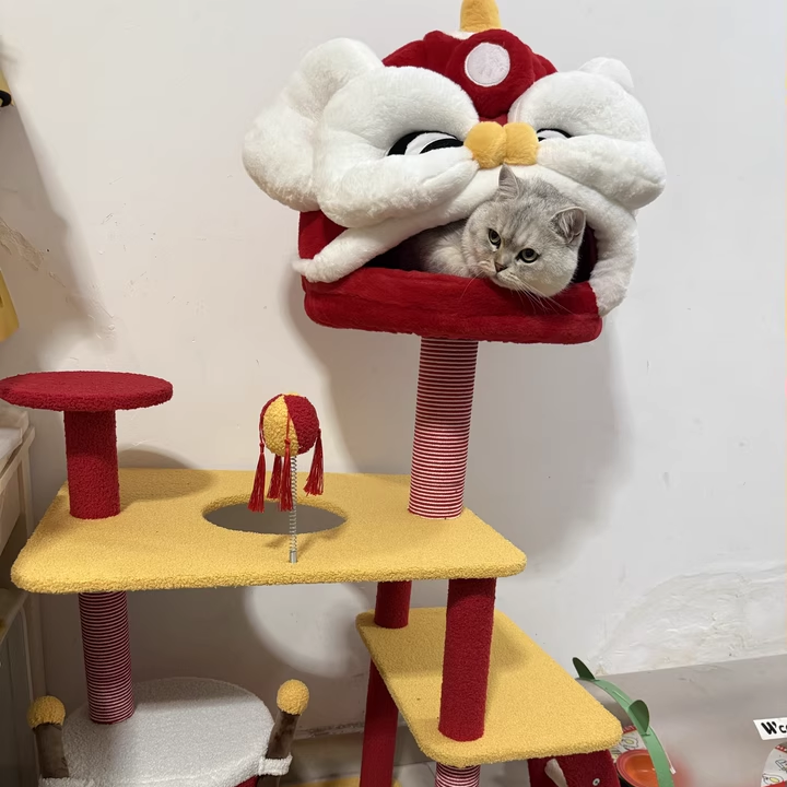 Contemporary Creative Rectangular Particleboard Velvet Fabric Sisal Chinese Lion-Shaped Cat Tree For Living Room Cuvalon