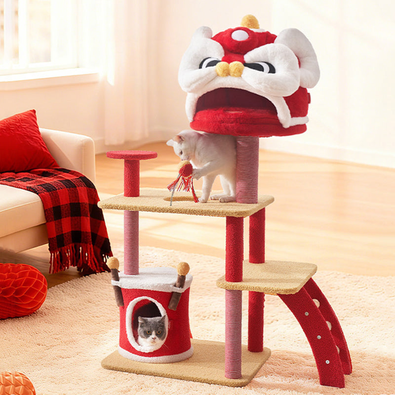 Contemporary Creative Rectangular Particleboard Velvet Fabric Sisal Chinese Lion-Shaped Cat Tree For Living Room Cuvalon