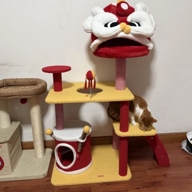 Contemporary Creative Rectangular Particleboard Velvet Fabric Sisal Chinese Lion-Shaped Cat Tree For Living Room Cuvalon