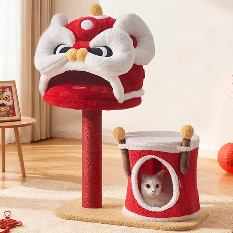 Contemporary Creative Rectangular Particleboard Velvet Fabric Sisal Chinese Lion-Shaped Cat Tree For Living Room Cuvalon
