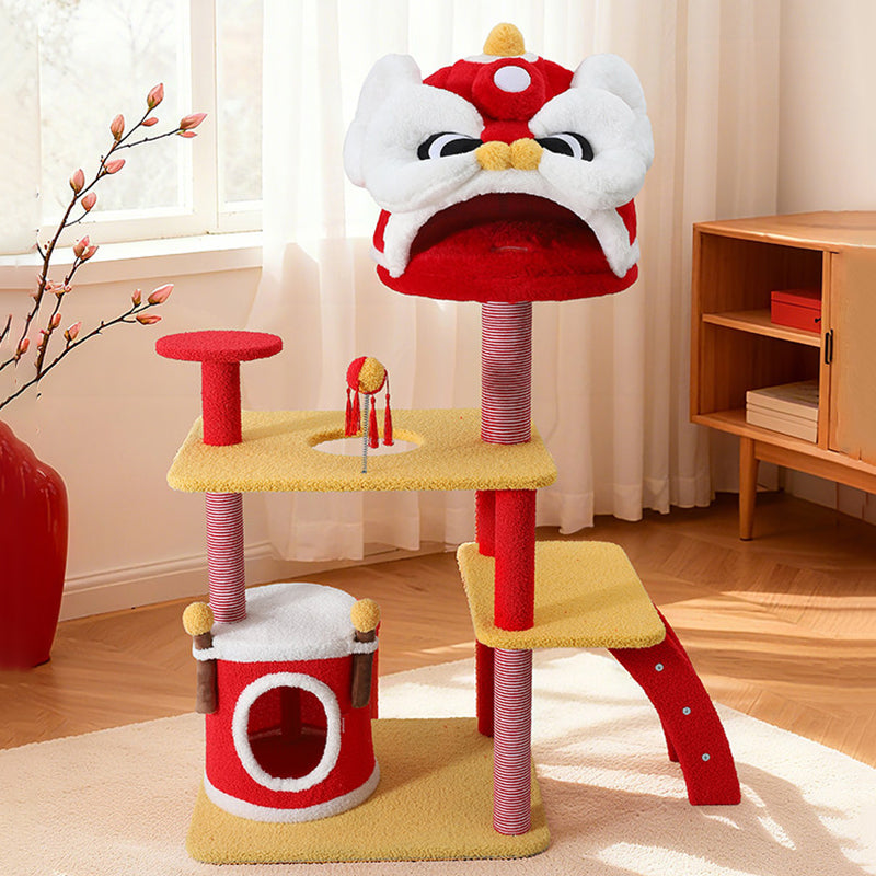 Contemporary Creative Rectangular Particleboard Velvet Fabric Sisal Chinese Lion-Shaped Cat Tree For Living Room Cuvalon