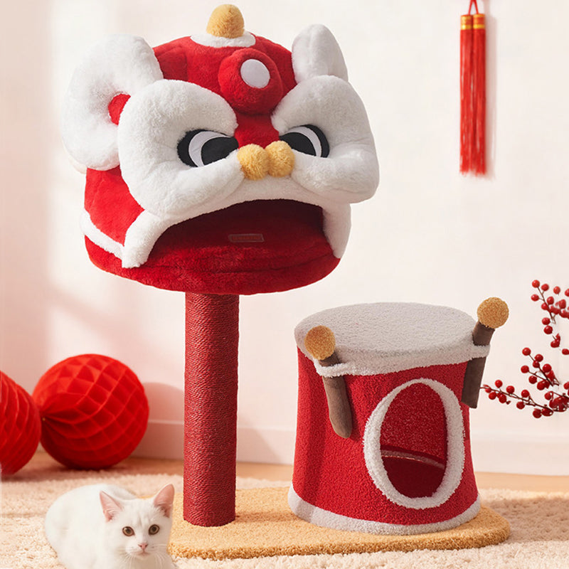 Contemporary Creative Rectangular Particleboard Velvet Fabric Sisal Chinese Lion-Shaped Cat Tree For Living Room Cuvalon