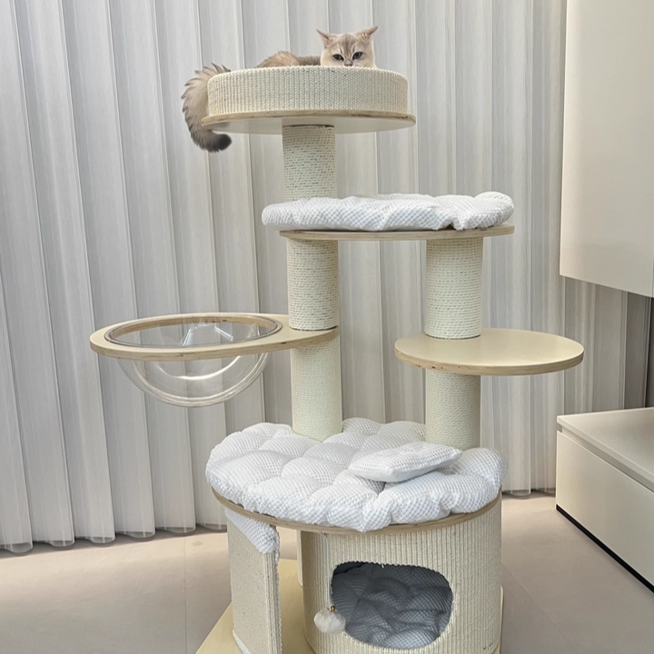 Contemporary Creative Round Multi-layer Solid Wood Panel Corduroy Paper Rope Kraft Paper Tube Cat Tree For Living Room Cuvalon
