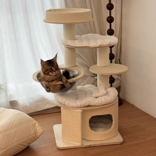 Contemporary Creative Round Multi-layer Solid Wood Panel Corduroy Paper Rope Kraft Paper Tube Cat Tree For Living Room Cuvalon