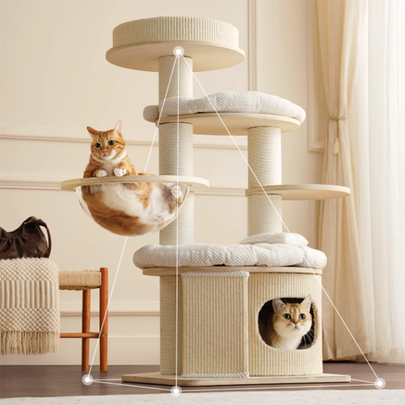 Contemporary Creative Round Multi-layer Solid Wood Panel Corduroy Paper Rope Kraft Paper Tube Cat Tree For Living Room Cuvalon