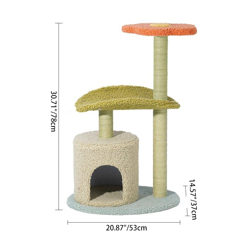 Contemporary Creative Round Particleboard Velvet Fabric Hemp Rope Cat Tree For Living Room Cuvalon