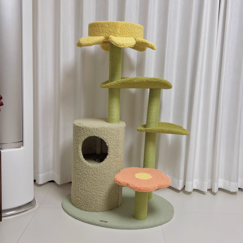 Contemporary Creative Round Particleboard Velvet Fabric Hemp Rope Cat Tree For Living Room Cuvalon