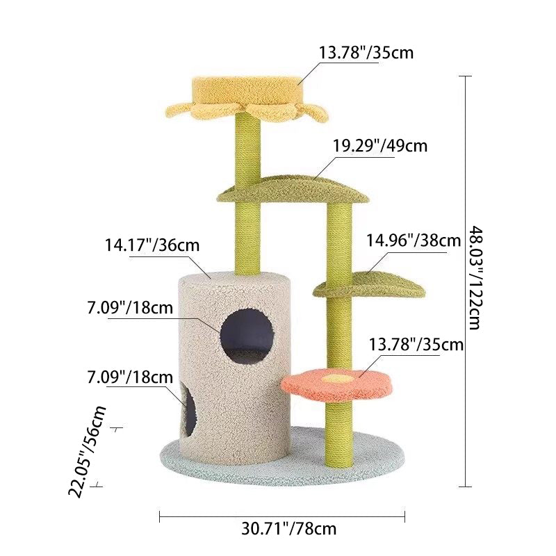 Contemporary Creative Round Particleboard Velvet Fabric Hemp Rope Cat Tree For Living Room Cuvalon