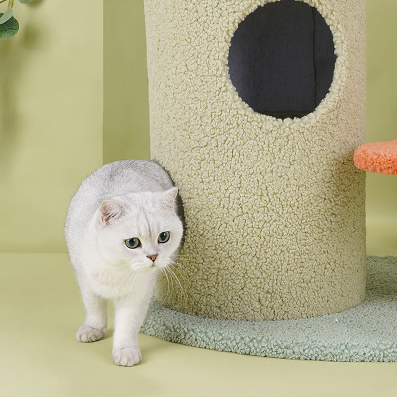 Contemporary Creative Round Particleboard Velvet Fabric Hemp Rope Cat Tree For Living Room Cuvalon