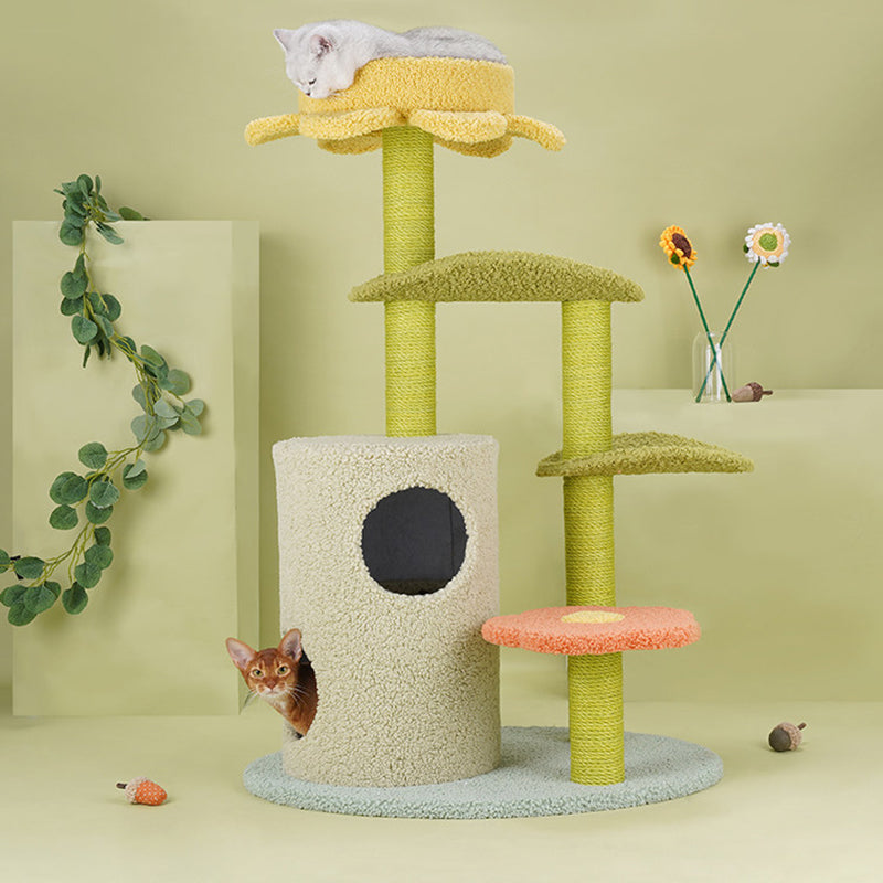 Contemporary Creative Round Particleboard Velvet Fabric Hemp Rope Cat Tree For Living Room Cuvalon