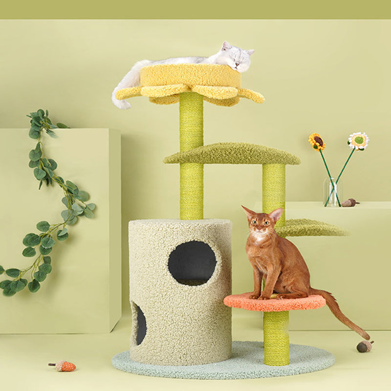 Contemporary Creative Round Particleboard Velvet Fabric Hemp Rope Cat Tree For Living Room Cuvalon