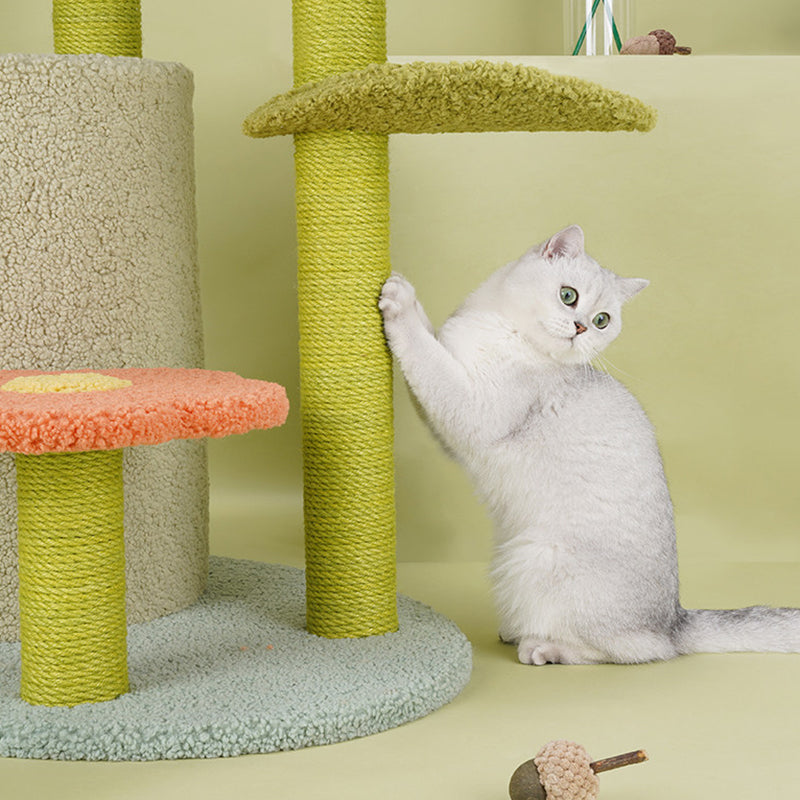 Contemporary Creative Round Particleboard Velvet Fabric Hemp Rope Cat Tree For Living Room Cuvalon