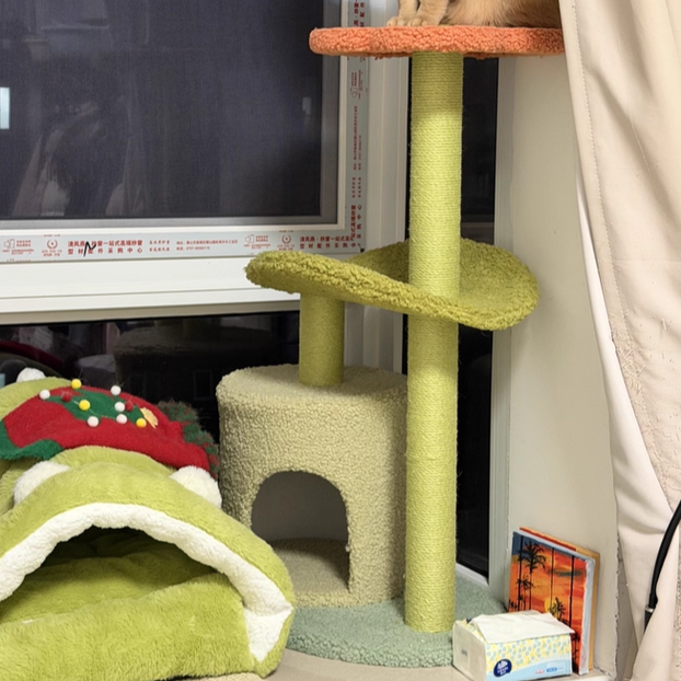 Contemporary Creative Round Particleboard Velvet Fabric Hemp Rope Cat Tree For Living Room Cuvalon