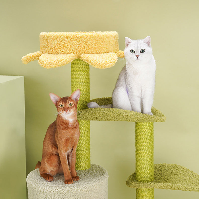 Contemporary Creative Round Particleboard Velvet Fabric Hemp Rope Cat Tree For Living Room Cuvalon