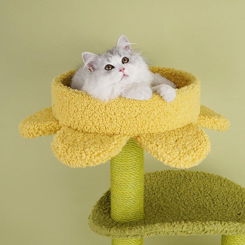 Contemporary Creative Round Particleboard Velvet Fabric Hemp Rope Cat Tree For Living Room Cuvalon