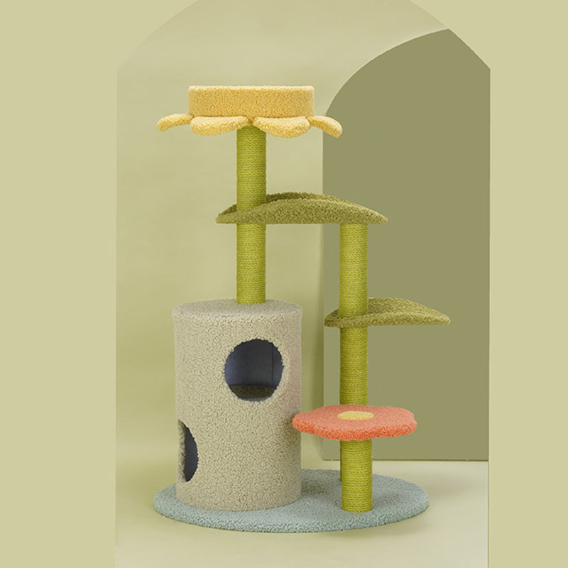Contemporary Creative Round Particleboard Velvet Fabric Hemp Rope Cat Tree For Living Room Cuvalon