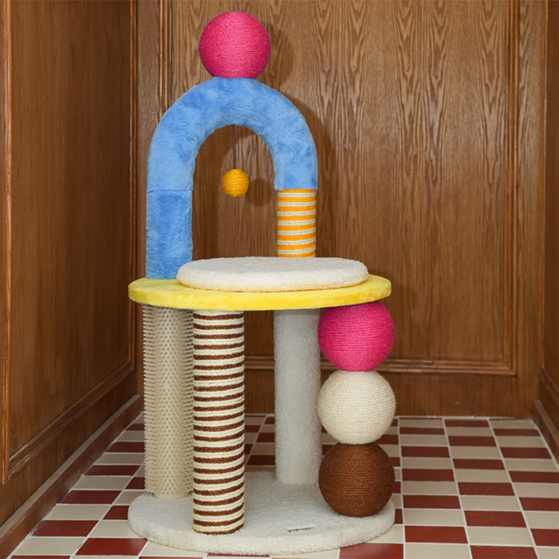Contemporary Creative Round Particleboard Velvet Fabric Hemp Rope PE PS Cat Tree For Living Room Cuvalon