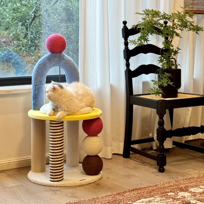 Contemporary Creative Round Particleboard Velvet Fabric Hemp Rope PE PS Cat Tree For Living Room Cuvalon