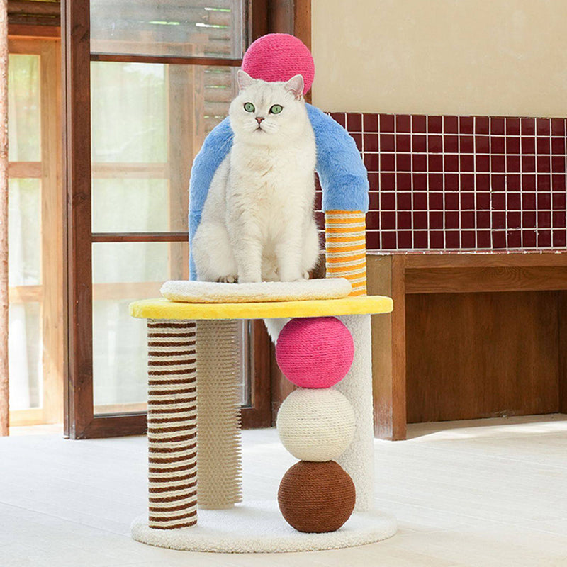 Contemporary Creative Round Particleboard Velvet Fabric Hemp Rope PE PS Cat Tree For Living Room Cuvalon