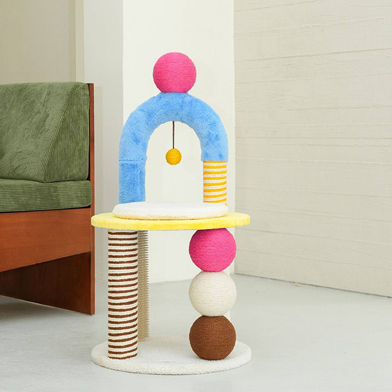 Contemporary Creative Round Particleboard Velvet Fabric Hemp Rope PE PS Cat Tree For Living Room Cuvalon