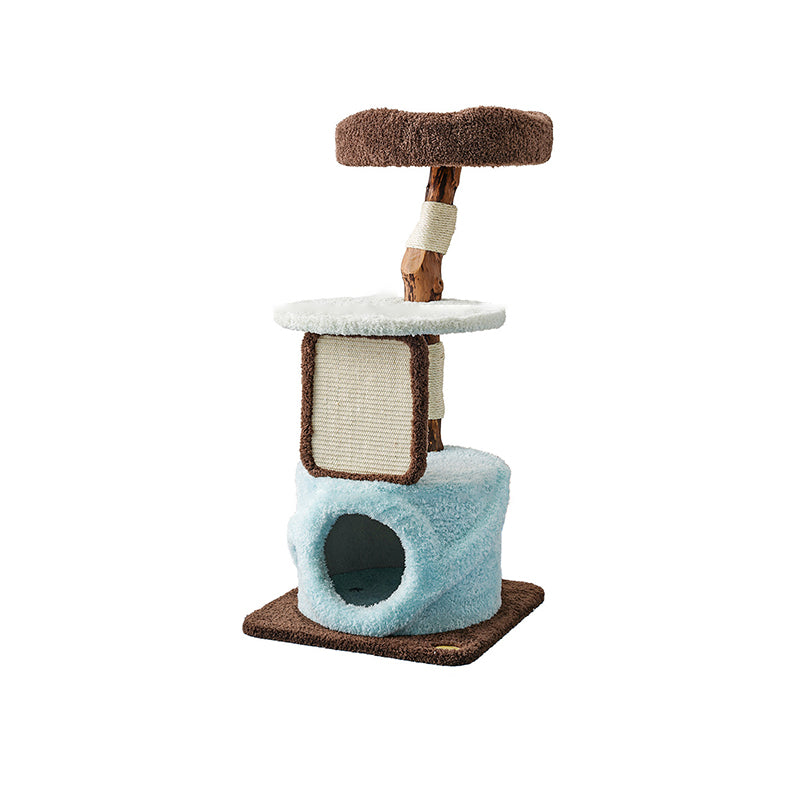 Contemporary Creative Round Particleboard Natural Fruitwood Velvet Fabric Sisal Cat Tree For Living Room Cuvalon