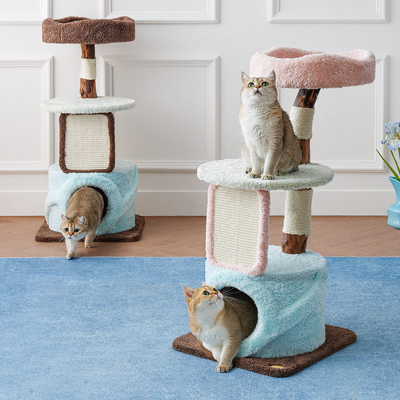 Contemporary Creative Round Particleboard Natural Fruitwood Velvet Fabric Sisal Cat Tree For Living Room Cuvalon