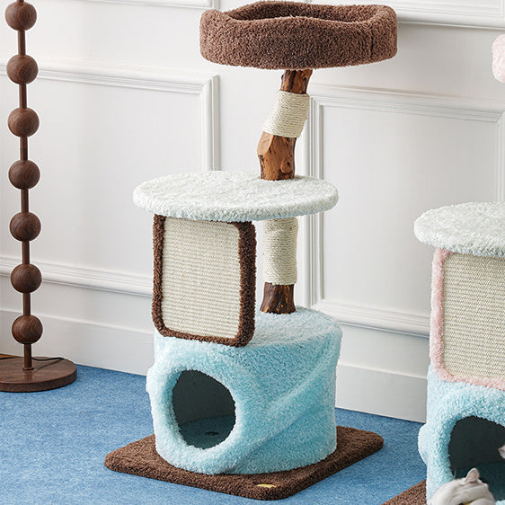 Contemporary Creative Round Particleboard Natural Fruitwood Velvet Fabric Sisal Cat Tree For Living Room Cuvalon