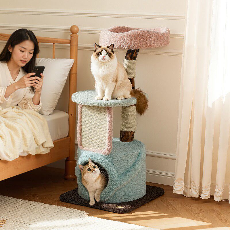 Contemporary Creative Round Particleboard Natural Fruitwood Velvet Fabric Sisal Cat Tree For Living Room Cuvalon