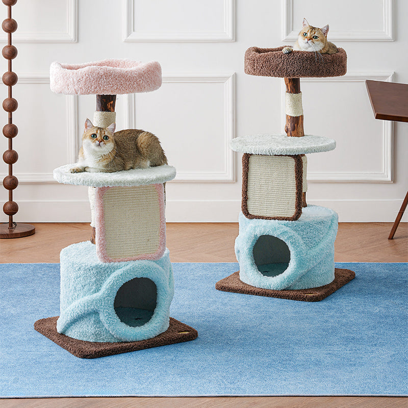 Contemporary Creative Round Particleboard Natural Fruitwood Velvet Fabric Sisal Cat Tree For Living Room Cuvalon