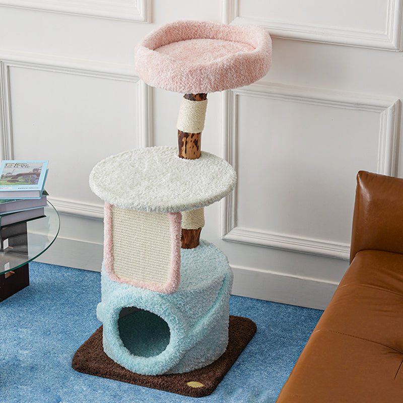 Contemporary Creative Round Particleboard Natural Fruitwood Velvet Fabric Sisal Cat Tree For Living Room Cuvalon