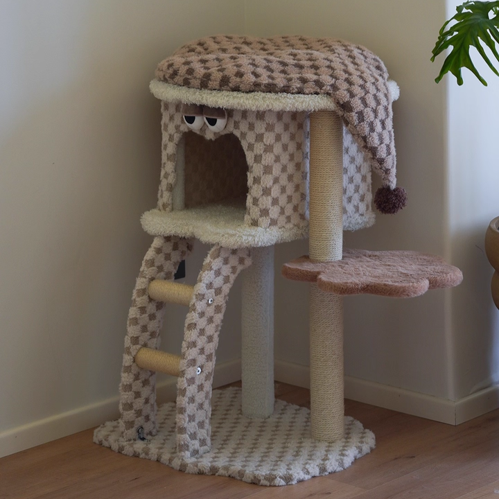 Contemporary Creative Square Particleboard Velvet Fabric Hemp Rope Cat Tree For Living Room Cuvalon