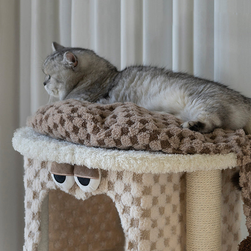 Contemporary Creative Square Particleboard Velvet Fabric Hemp Rope Cat Tree For Living Room Cuvalon