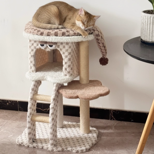 Contemporary Creative Square Particleboard Velvet Fabric Hemp Rope Cat Tree For Living Room Cuvalon